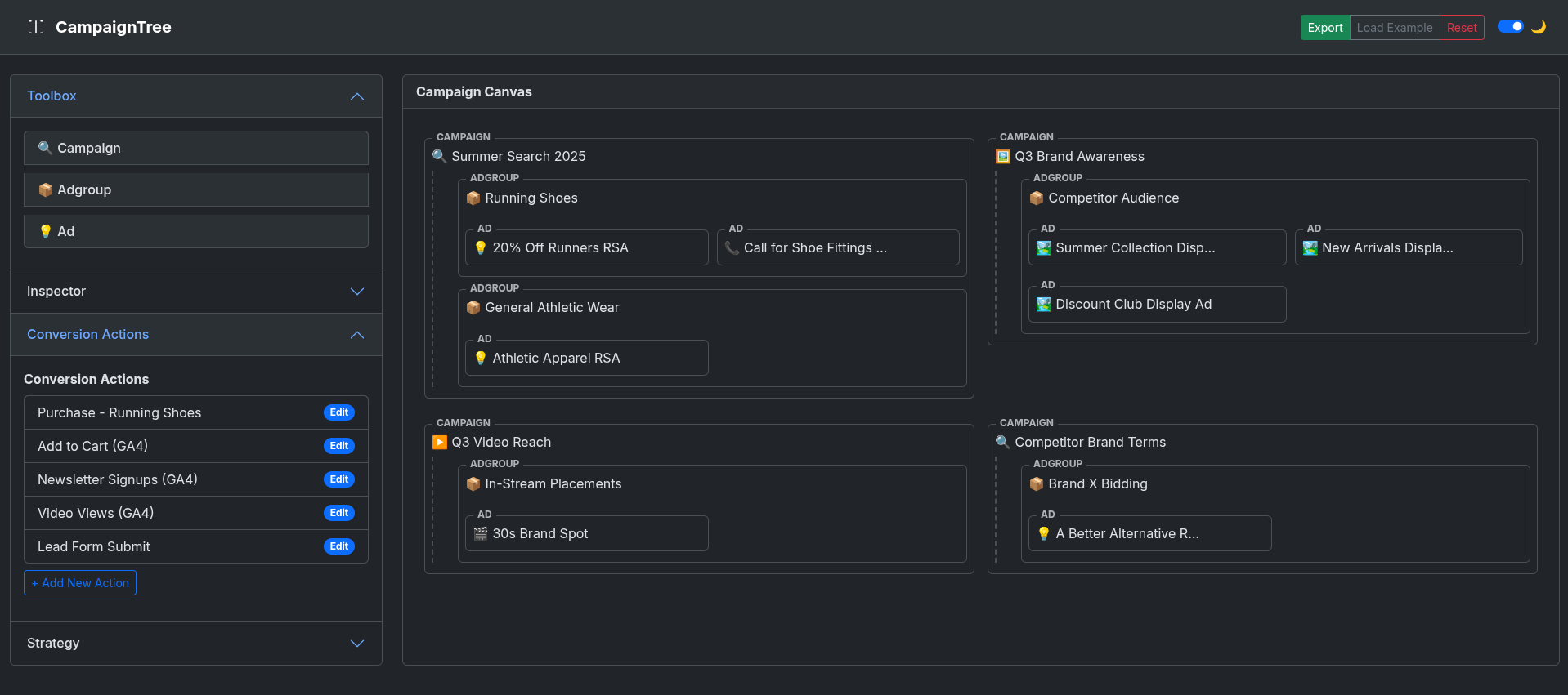 Screenshot of the CampaignTree application canvas